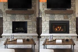 Stone fireplace before and after gas insert.